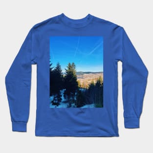coniferous trees on the top of mountain hills Long Sleeve T-Shirt